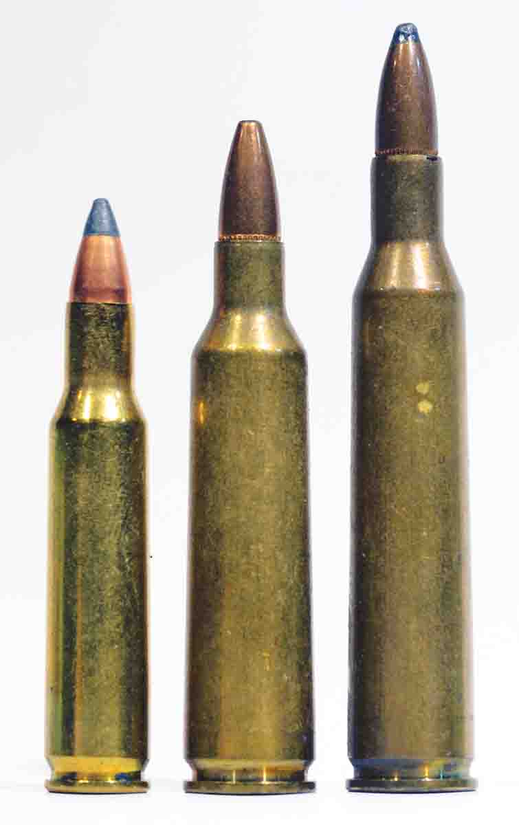 When the .222 (left) appeared in 1950, the two dominant rimless varmint cartridges were the wildcat .22-250 (center) and Winchester’s .220 Swift (right). (The Swift is actually semi-rimmed, although it doesn’t look it.) Remington adopted the .22-250 as a commercial cartridge in 1965 and it has been dominant ever since. The Swift was discontinued in 1964.